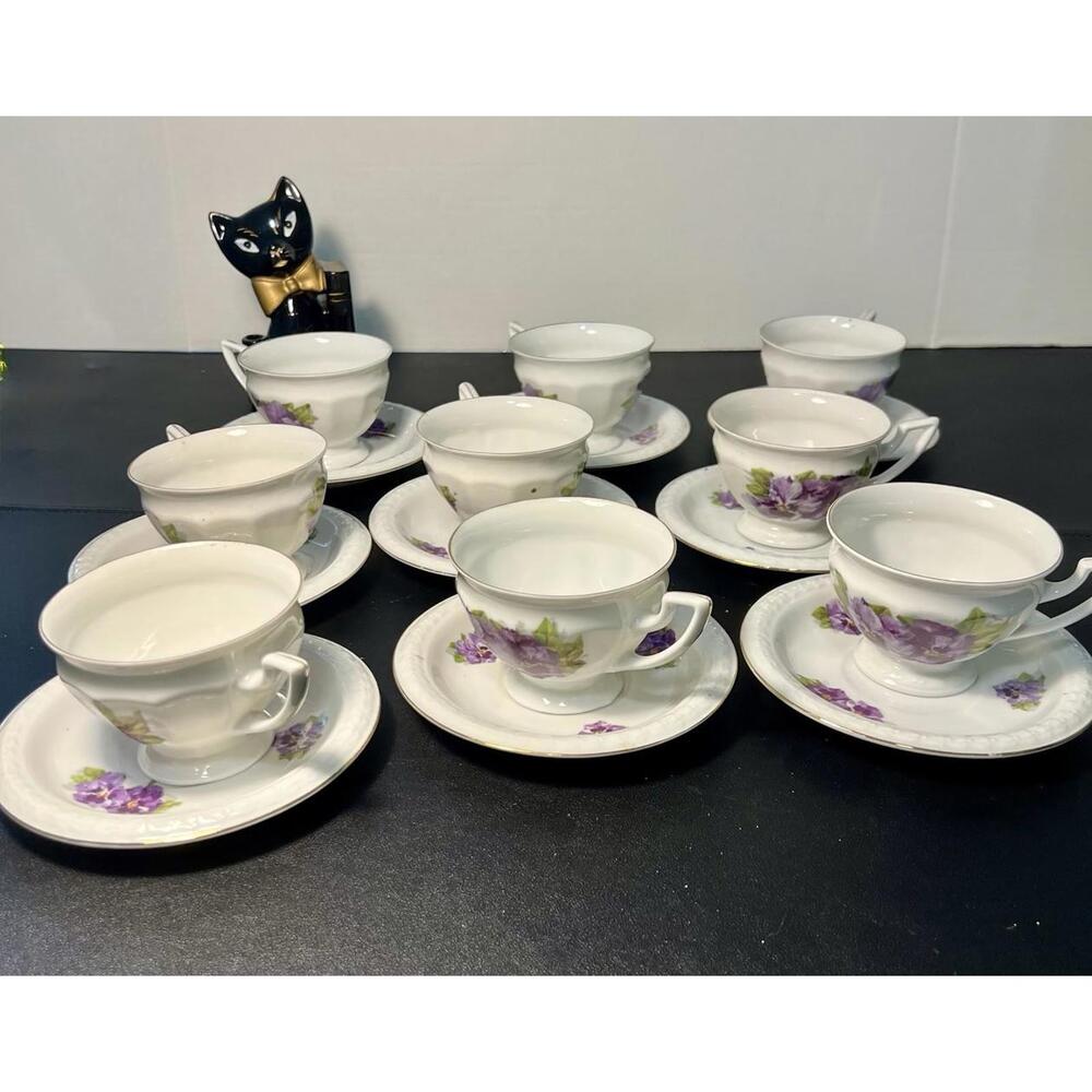 P.A.L.T. Czechoslovakia Vintage 1930s Violets Gold Trim 9 Sets Cups Saucers